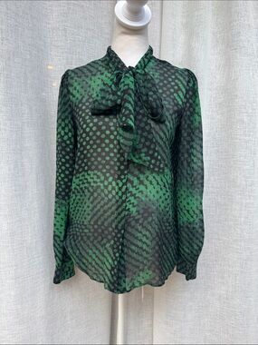Theory blouse green black geometric polka-dot print silk neck bow tie